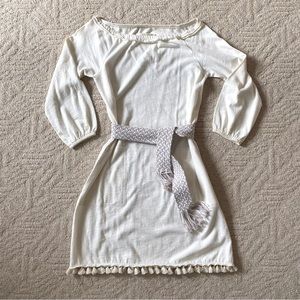 ANTHROPOLOGIE Grey State Off-White Boat Neck Off Shoulder Cotton Linen Dress